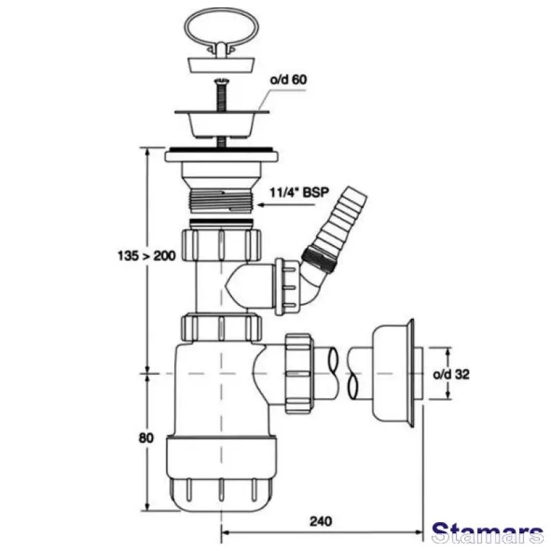 Sifons izlietnei ar papildus  pieslēgumu