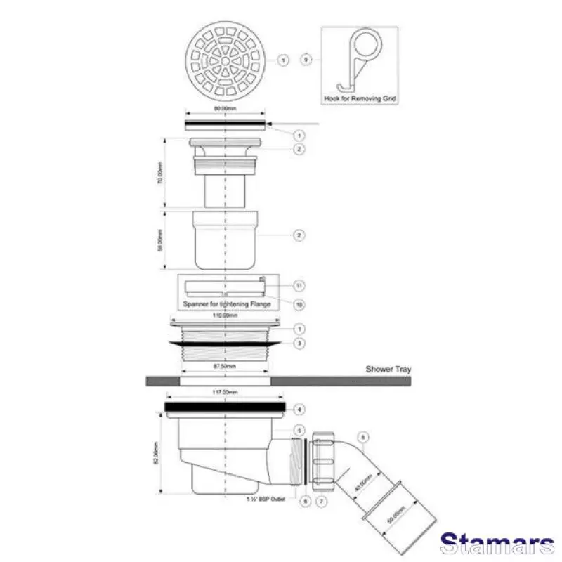 Sifons dušas paliktnim ar tīrīšanu no augšpuses