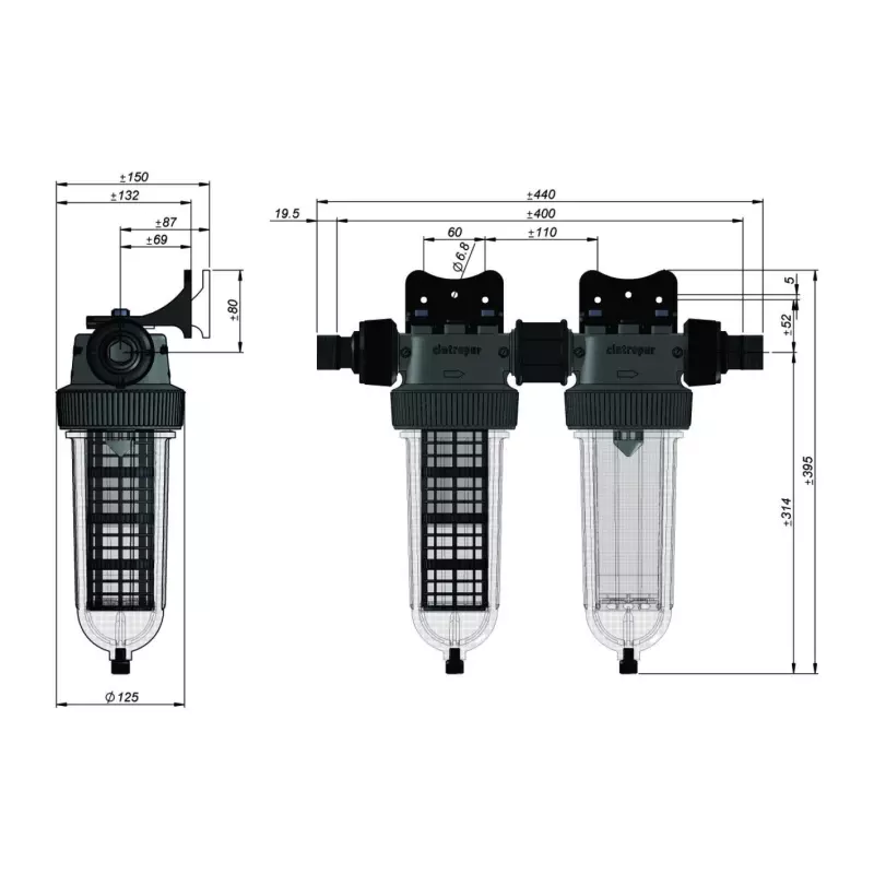 Ūdens filtrs ar atkārtoti uzpildāmu aktīvētas ogles kārtridžu NW25 DUO-CTN Meh.